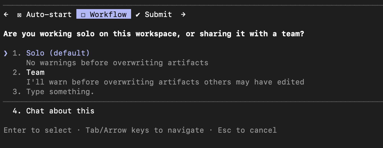Setup asking about solo vs team workflow