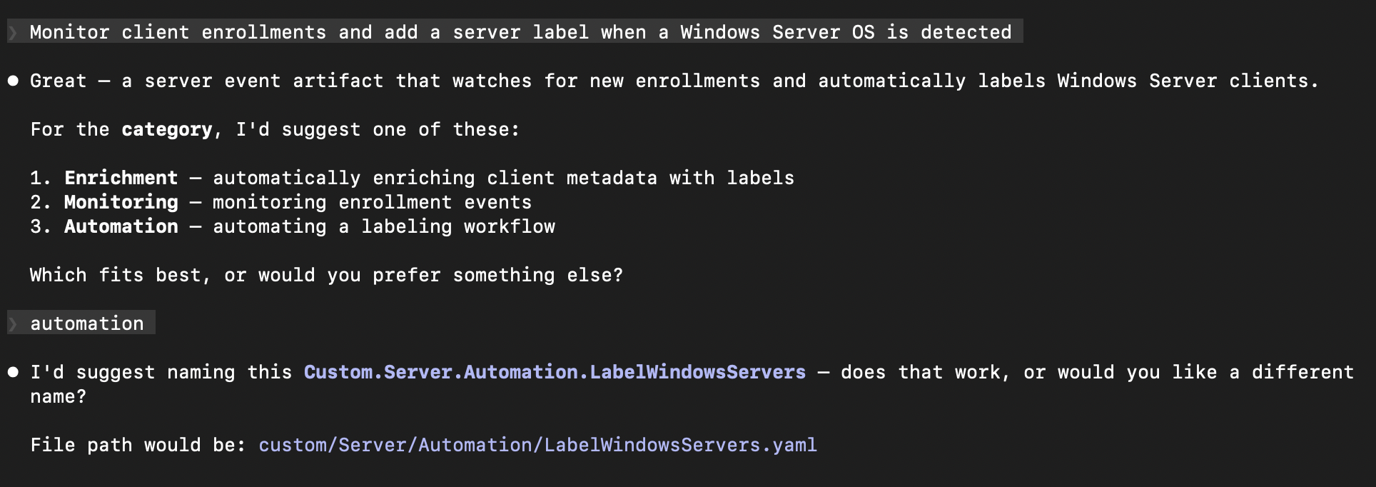 Claude suggesting artifact category and naming